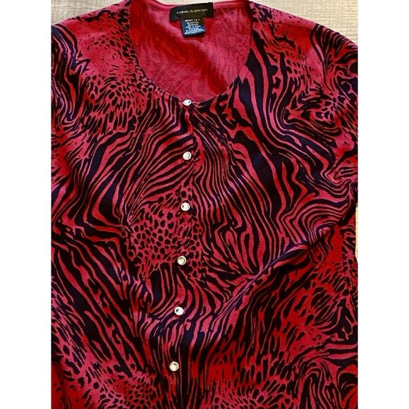 Cable & Gauge L Red Black Animal Print Button Up Cardigan Sweater Rhinestones - Picture 3 of 9
